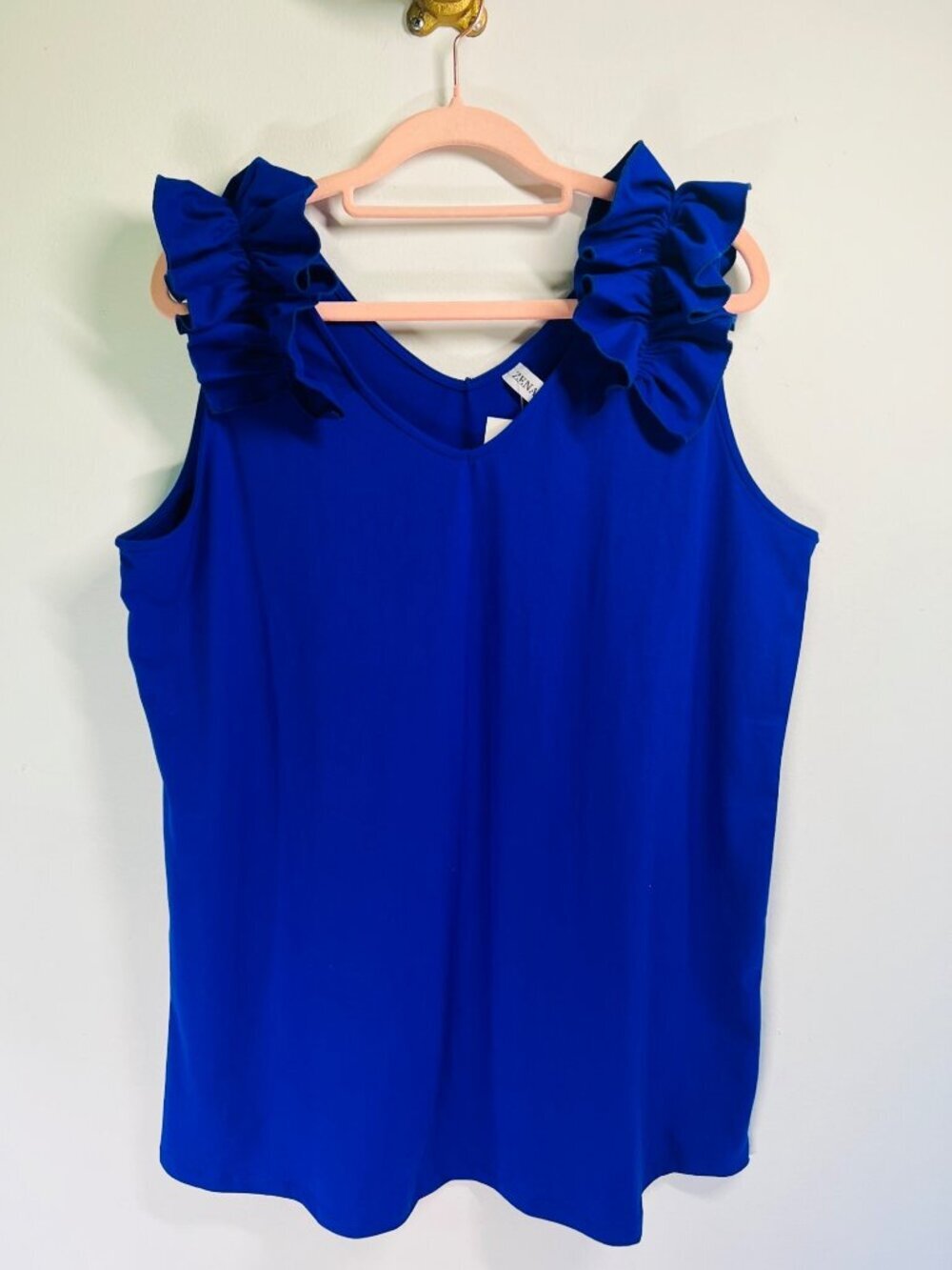 Zenana XL Womens Royal Blue Sleeveless Top With Ruffle Shoulder Detail